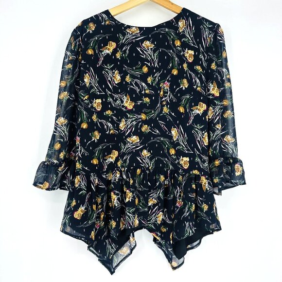 Lea & Viola Navy Blue Multicolor Floral Asymmetric Ruffle Sleeve Blouse Top L - Picture 1 of 9